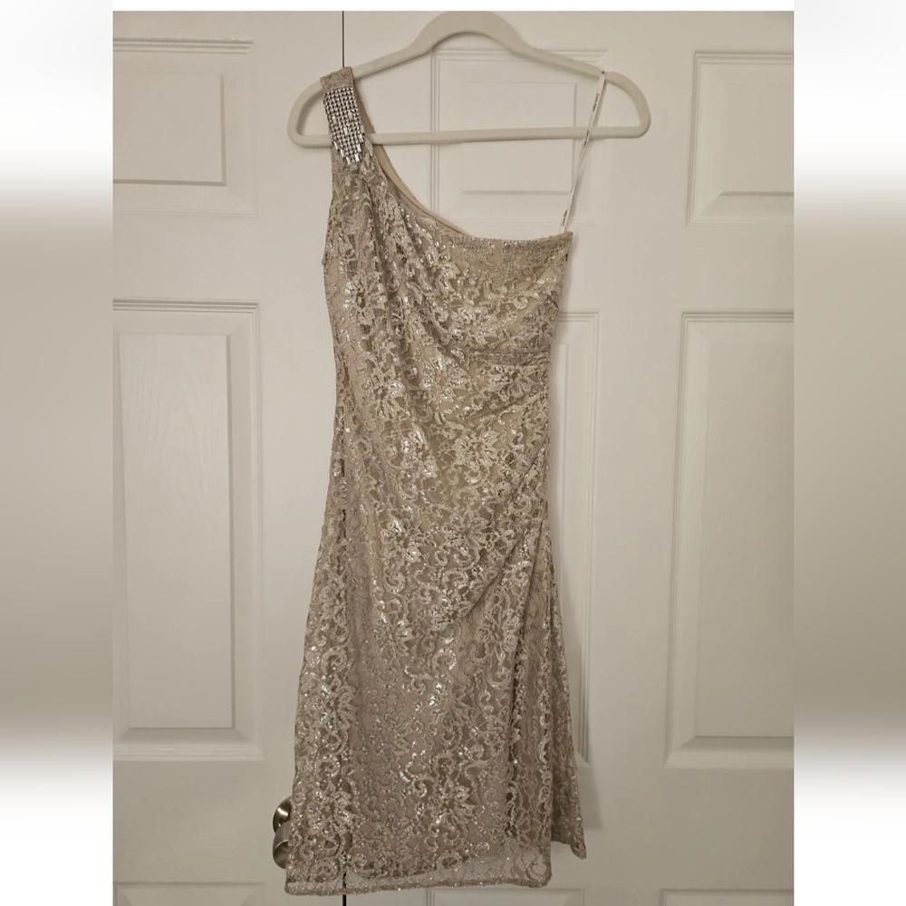 Calvin Klein Elegant Champagne Lace One Shoulder Formal Cocktail Sz 2